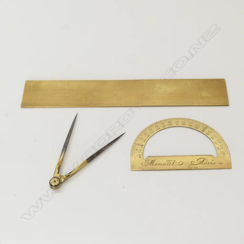 A PANTOMETER (PRECISION EQUERRE) OR SURVEYOR'S CROSS, (PROB. FRENCH). IN BOX w BRASS PROTRACTOR, DIVIDERS & RULE. Image 1++